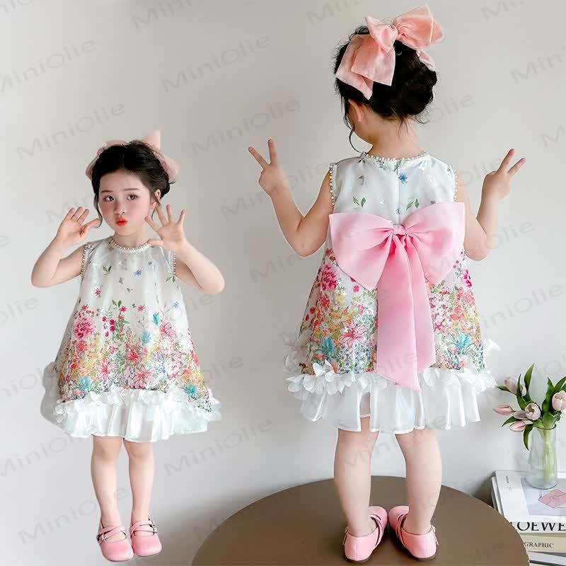 Ärmelloses Kleid für Kleinkind-Mädchen mit Perlenbesatz, Blumen und Schleife, ärmellos - image 1