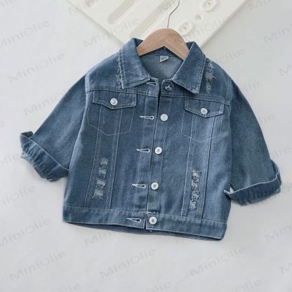 Jeansjacke mit lächelndem Gesicht und Gingham Denim -Print für Kleinkind - image 2