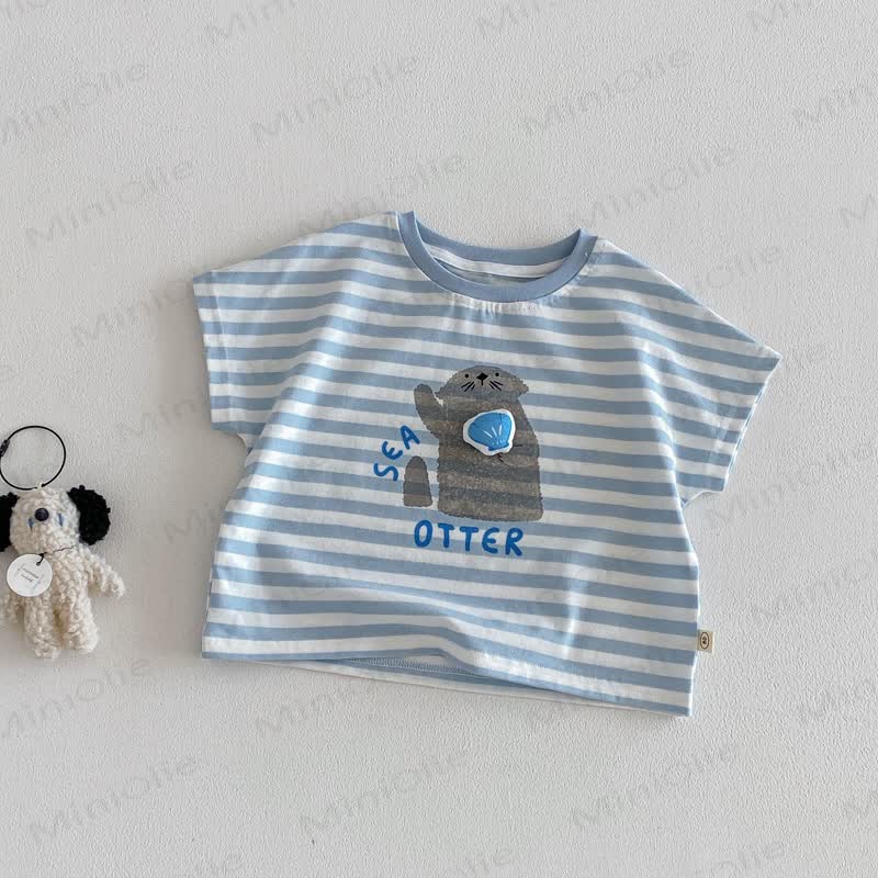 Baby Kleinkind Baumwoll-T-Shirt mit Streifen oder Einfarbig Shorts - Blau T-Stück - 4-5J - image 2