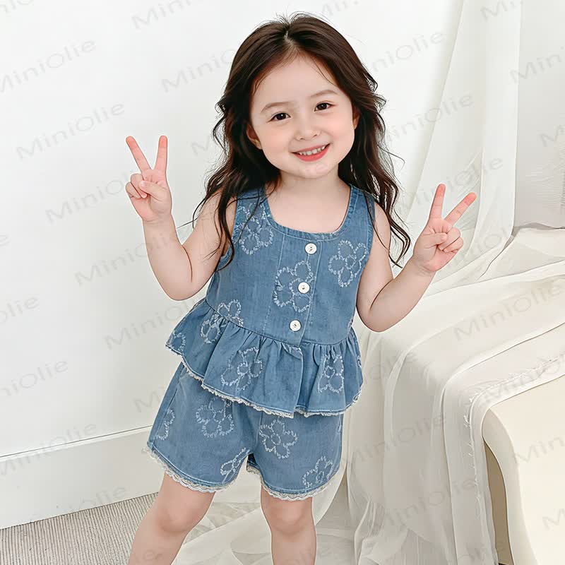 Set aus Blumen Tanktop und Shorts für Baby und Kleinkind-Mädchen - Blau - 4-5J - image 2