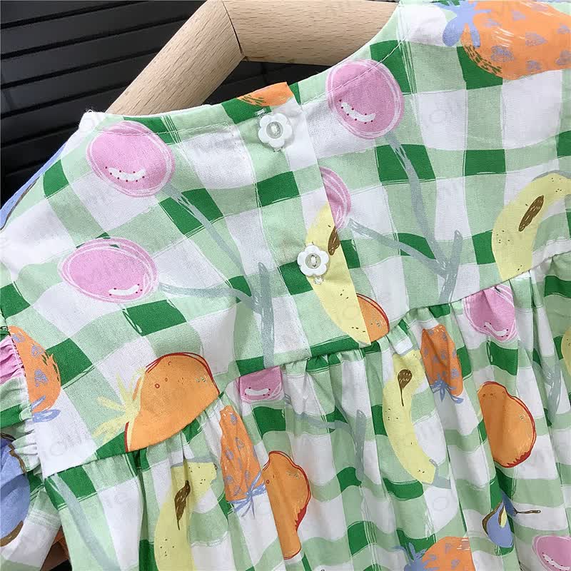Kleinkind-Mädchen Gingham Baumwollkleid mit Rüschenärmeln und Obst - image 3