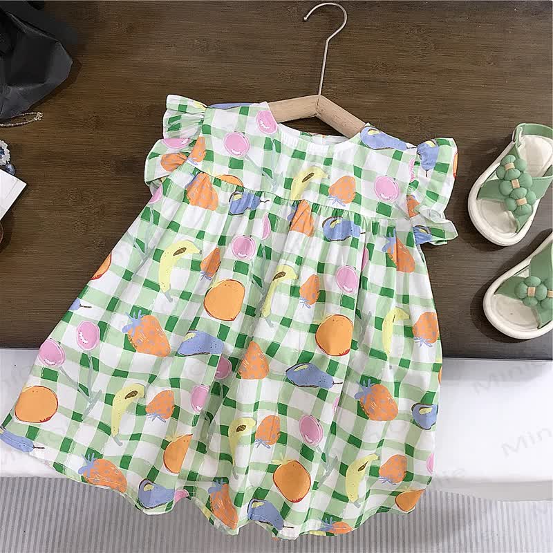 Kleinkind-Mädchen Gingham Baumwollkleid mit Rüschenärmeln und Obst - Grün - 8-9J - image 1