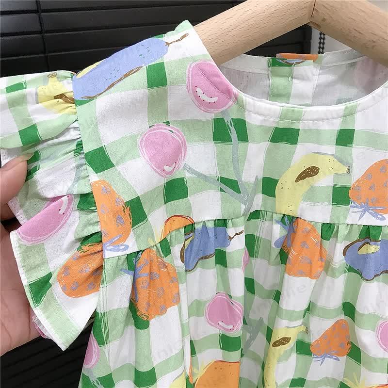 Kleinkind-Mädchen Gingham Baumwollkleid mit Rüschenärmeln und Obst - image 4