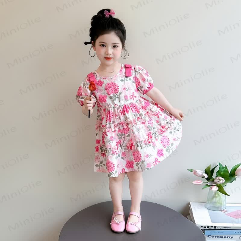 Kleinkind-Mädchen Kleid Rosa mit Blumenmuster und Puffärmeln - Rosa - 8-9J - image 2