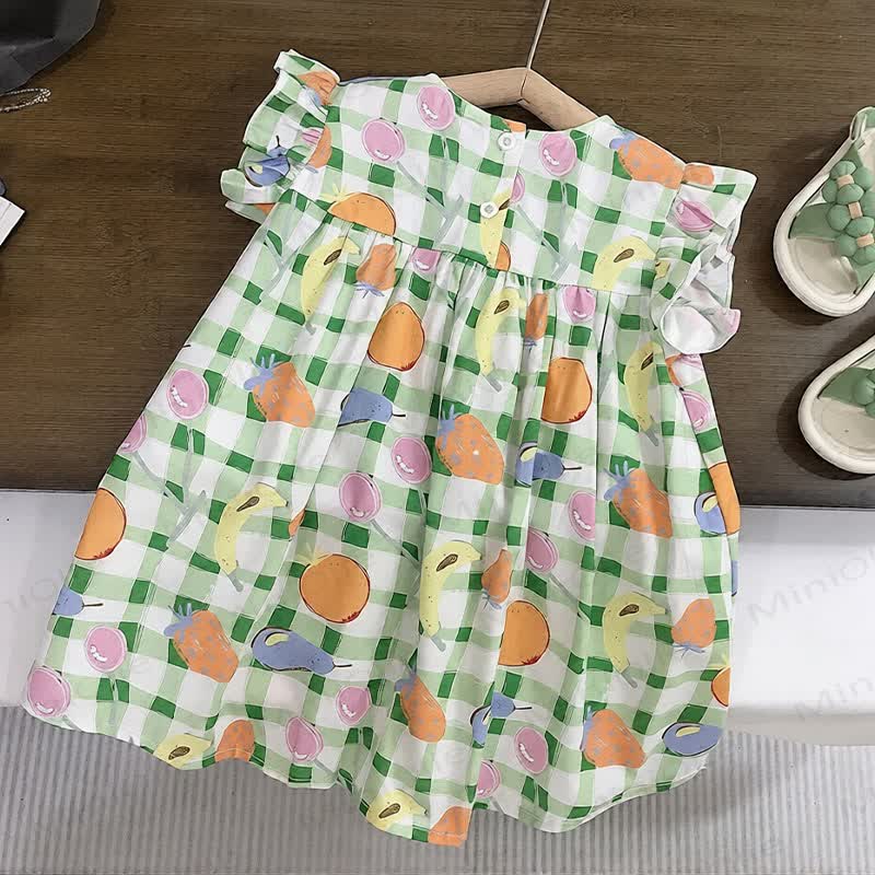 Kleinkind-Mädchen Gingham Baumwollkleid mit Rüschenärmeln und Obst - image 2