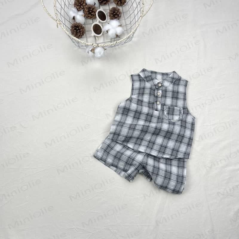 Baby Set aus Plaid Baumwoll Tanktop und Shorts - Grau - 2-3J - image 2