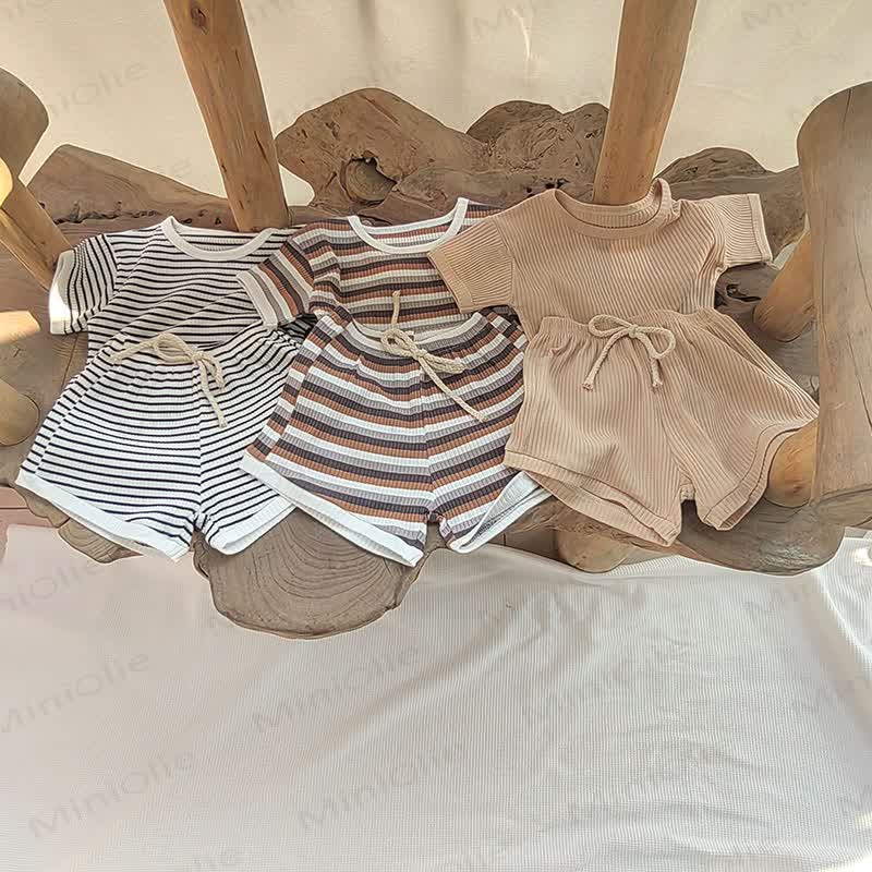 Baby Baumwoll- Streifen Set mit Gerippt: Spitze und Shorts - image 1