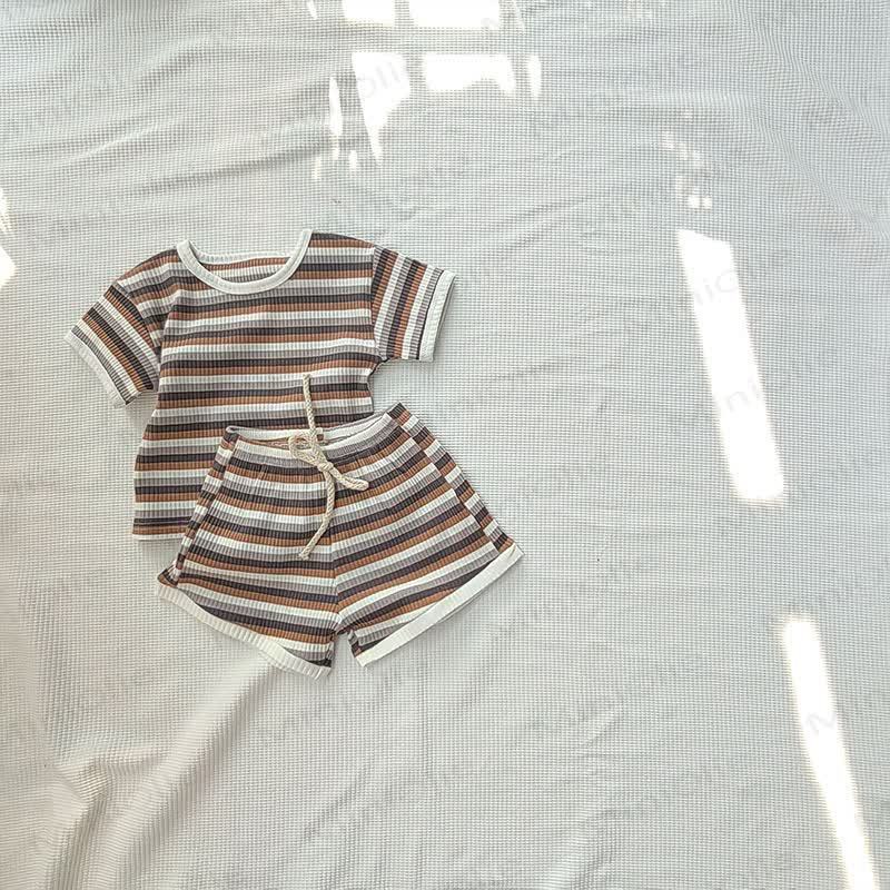 Baby Baumwoll- Streifen Set mit Gerippt: Spitze und Shorts - Braun - 2-3J - image 3