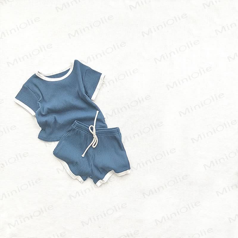 Baby Baumwoll- Streifen Set mit Gerippt: Spitze und Shorts - Blau - 2-3J - image 6