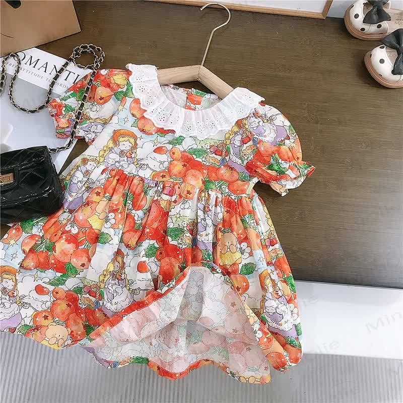 Kleid für Kleinkind-Mädchen, orangefarben bedruckt, mit Puffärmeln - image 2