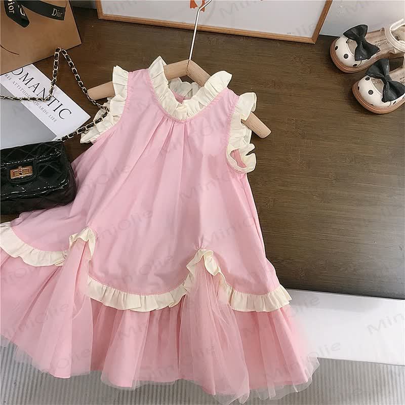 Ärmelloses Kleid für Kleinkind-Mädchen, einfarbig, aus Einfarbig, aus Baumwolle, Tüll - Rosa - 8-9J - image 2