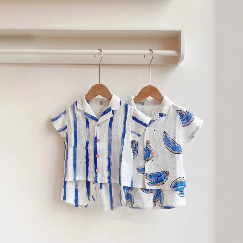 Set aus Hemd und Shorts für Baby und Kleinkind-Jungen) aus Baumwolle , Blau Streifen oder mit Wassermelonenmuster, passend zum Set - image 1