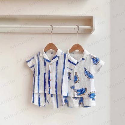 Set aus Hemd und Shorts für Baby und Kleinkind-Jungen) aus Baumwolle , Blau Streifen oder mit Wassermelonenmuster, passend zum Set - image 1