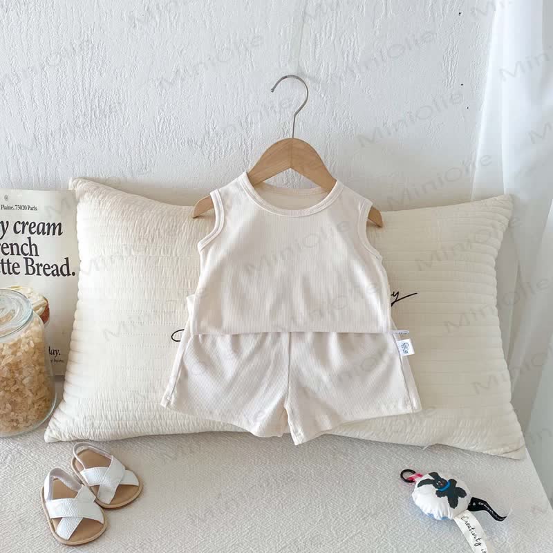 Baby Baumwoll Gerippt - Tanktop und Shorts Set in Unifarbe - Aprikose - 2-3J - image 2