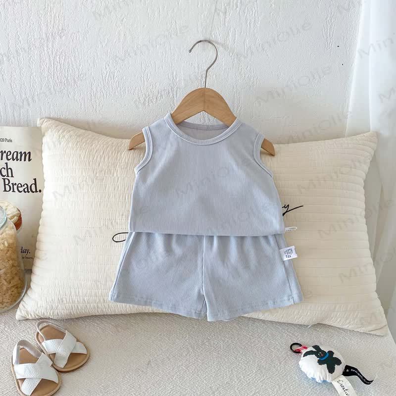 Baby Baumwoll Gerippt - Tanktop und Shorts Set in Unifarbe - Blau - 2-3J - image 3