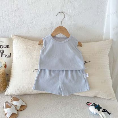 Baby Baumwoll Gerippt - Tanktop und Shorts Set in Unifarbe - Blau - 2-3J - image 3
