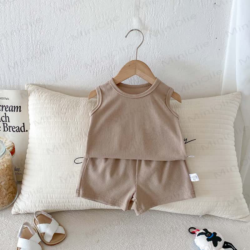 Baby Baumwoll Gerippt - Tanktop und Shorts Set in Unifarbe - Kaffee - 2-3J - image 4