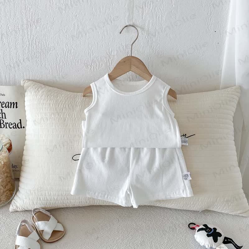 Baby Baumwoll Gerippt - Tanktop und Shorts Set in Unifarbe - Weiß - 2-3J - image 5