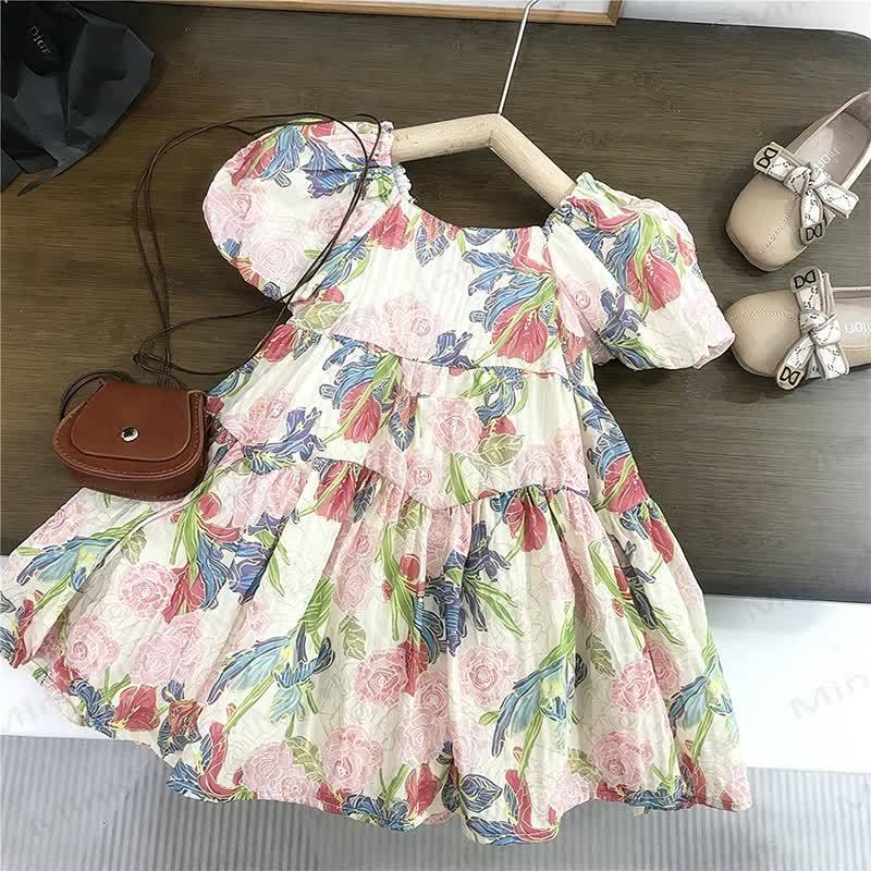 Kleid für Kleinkind-Mädchen mit Blumen und Puffärmeln - Beige - 8-9J - image 1