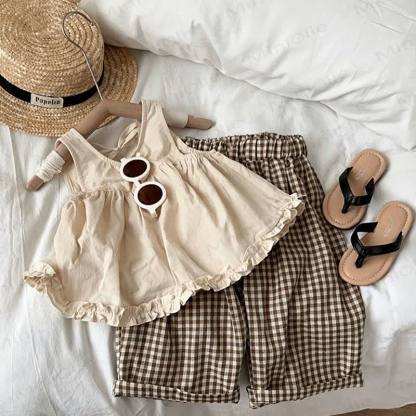 Set aus Baumwoll-Rüschen Tanktop und Plaid Hose für Kleinkind und Kinder-Mädchen - Beige Spitze und Hose - 10-11J - image 1