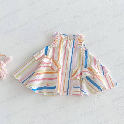 Baby Kleinkind-Mädchen Kleid mit Pony-Rüschen und Streifen - Weiß - 4-5J - image 3