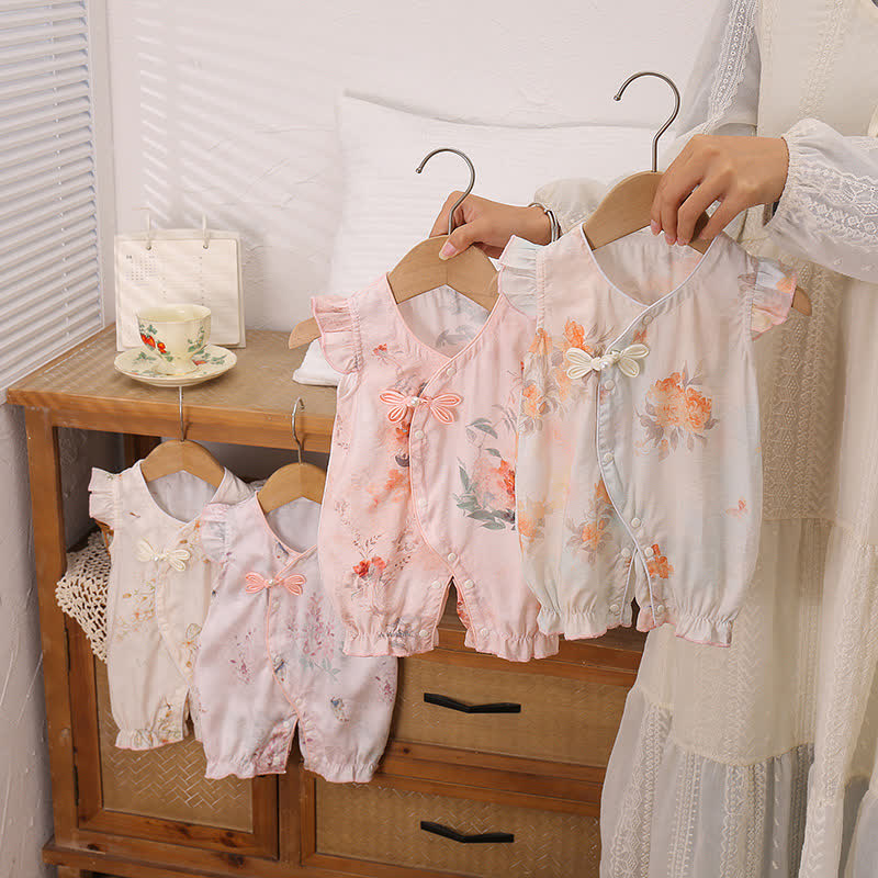 Ärmelloser Sommer Strampler für Baby und Mädchen mit Blumen und Rüschenbesatz - image 1