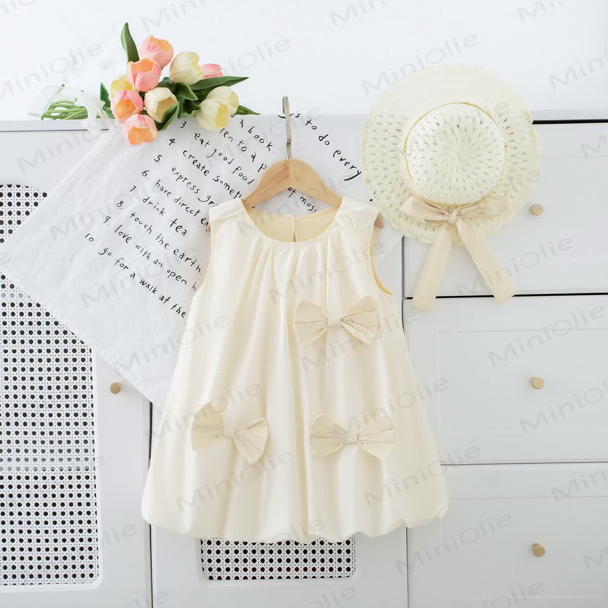 Beige, ärmelloses Kleid mit Schleife und Hut für Kleinkind-Mädchen - image 1