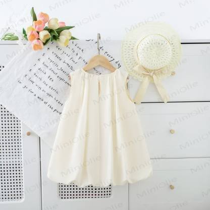 Beige, ärmelloses Kleid mit Schleife und Hut für Kleinkind-Mädchen - image 3
