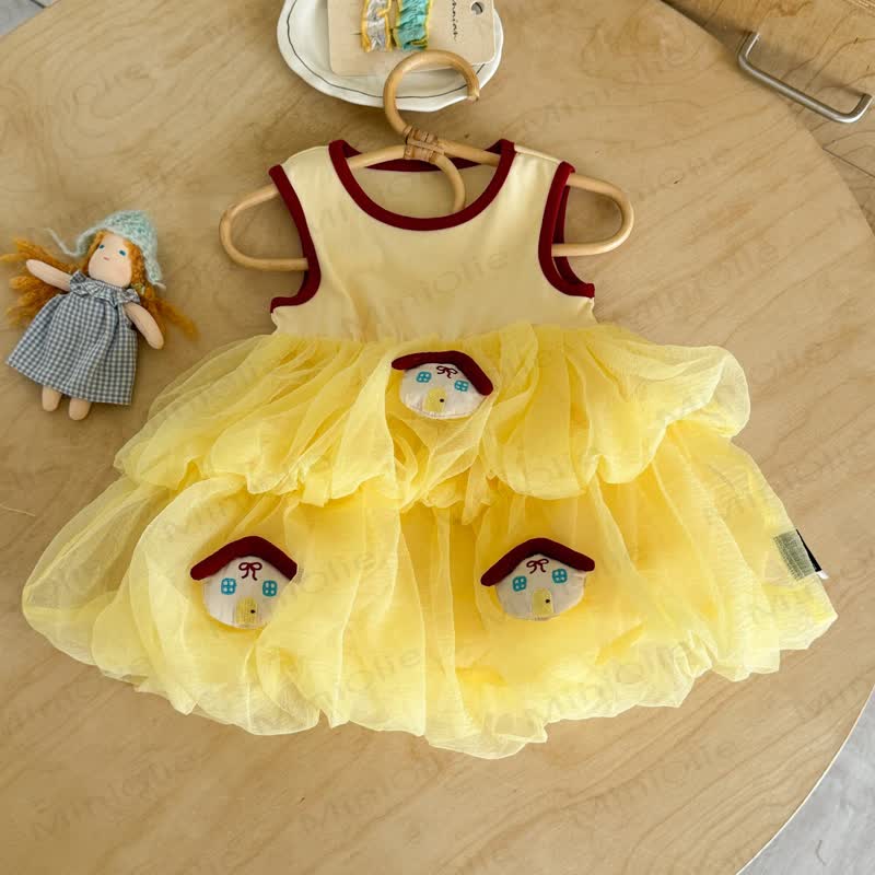 Ärmelloses Kleid aus Gelb Tüll mit Hausmuster für Kleinkind-Mädchen - Gelb - 8-9J - image 1
