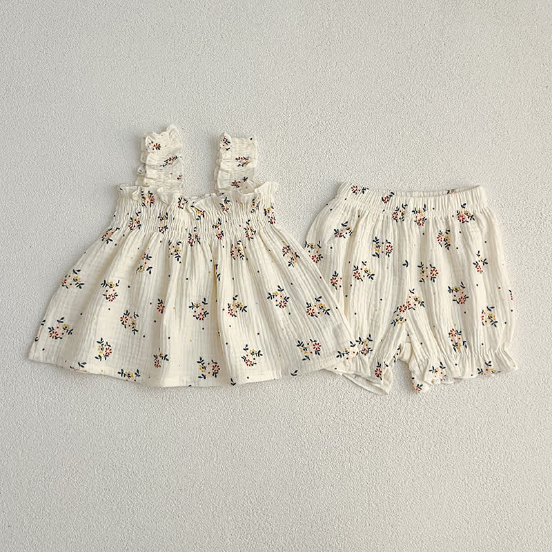 2-teiliges Set für Baby : Weiß/ Blumen Oberteil und Shorts mit Blumenmuster, Spitze und Shorts - Weiß - 2-3J - image 1