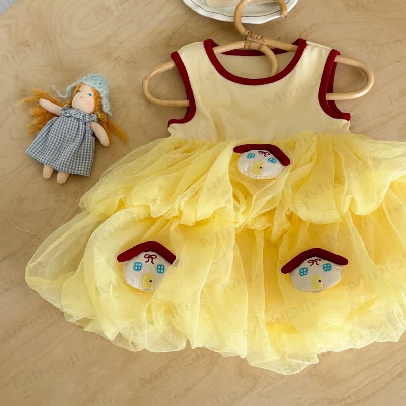 Ärmelloses Kleid aus Gelb Tüll mit Hausmuster für Kleinkind-Mädchen - image 2