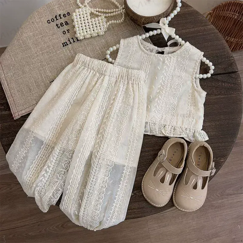 2-teiliges Set für Kleinkind-Mädchen : Tanktop mit Schleife und Hose - Beige - 6-7J - image 2