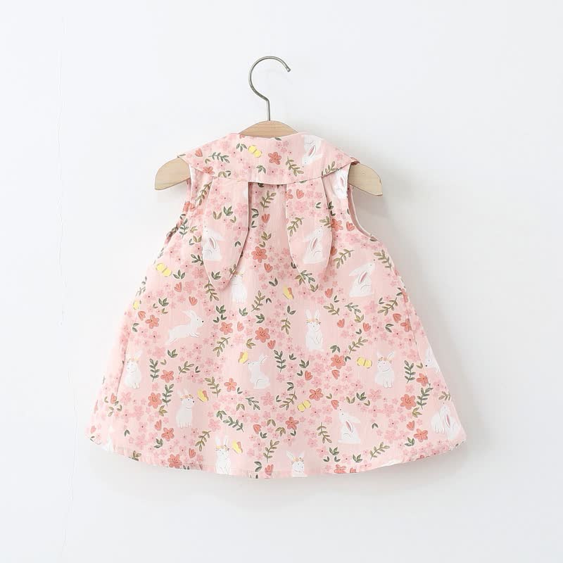 Ärmelloses Kleid für Baby , Rosa mit Blumen, Hase , Peter-Pan-Kragen, ärmellos - image 2