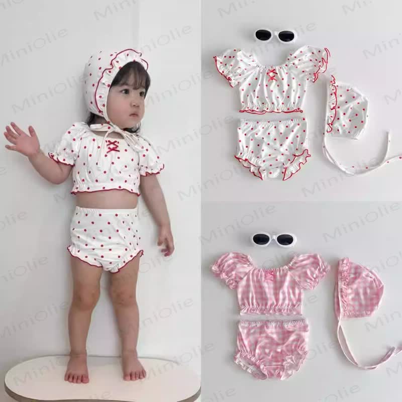 Zweiteiliges Bademode Set mit Schwimmen und Punktmuster für Baby und Mädchen inklusive Badekappe - image 1