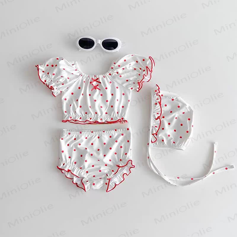 Zweiteiliges Bademode Set mit Schwimmen und Punktmuster für Baby und Mädchen inklusive Badekappe - Weiß - 2-3J - image 2