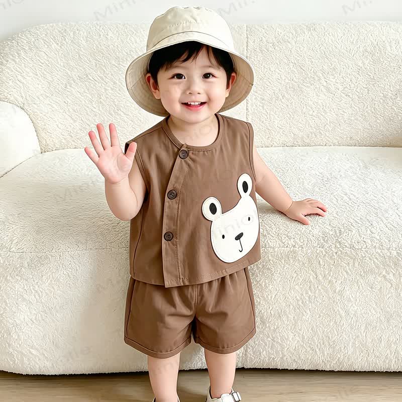 Zweiteiliges Set aus Tanktop und Shorts mit Bär aus Baumwolle für Kleinkind - Kaffee - 4-5J - image 2
