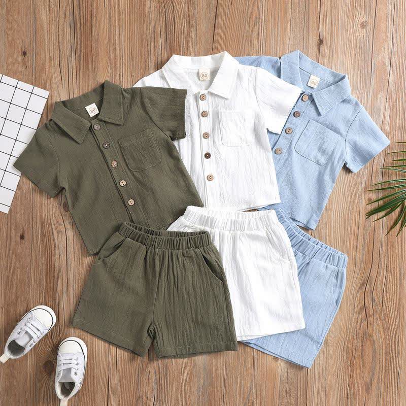 Zweiteiliges Set für Kinder-Jungen aus Leinen - Einfarbig : Poloshirt und Shorts in Unifarben - image 1
