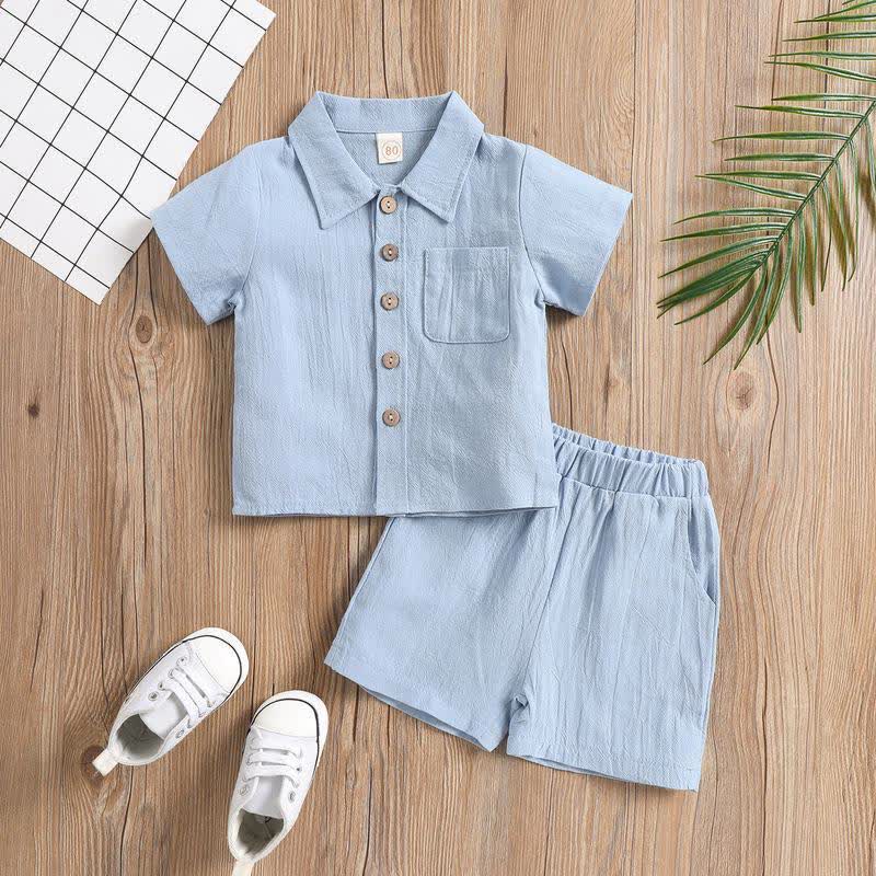 Zweiteiliges Set für Kinder-Jungen aus Leinen - Einfarbig : Poloshirt und Shorts in Unifarben - Blau - 6-7J - image 4