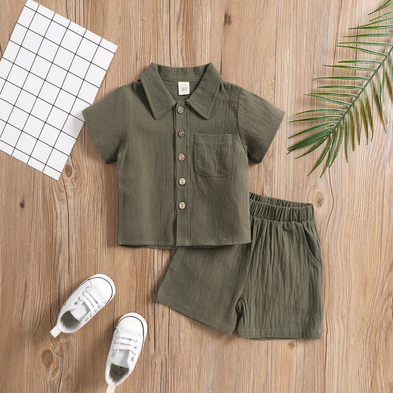 Zweiteiliges Set für Kinder-Jungen aus Leinen - Einfarbig : Poloshirt und Shorts in Unifarben - Grün - 6-7J - image 3