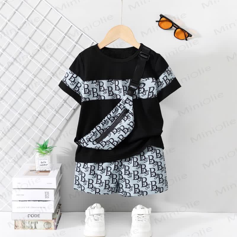 Dreiteiliges Set für Kinder-Jungen) : Schwarz T-Stück mit Buchstabenprint, Shorts und Tasche - Schwarz - 8-9J - image 1