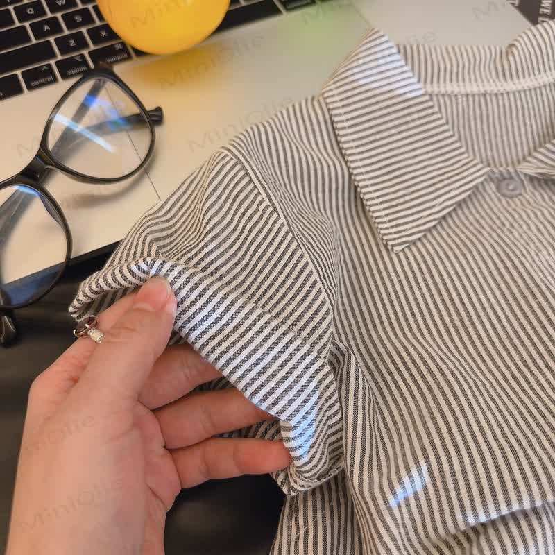 2-teiliges Set für Kleinkind-Jungen : Streifen Hemd und Shorts mit Gestickt - image 4