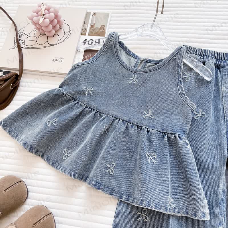 Denim -Peplum-Hosen- Set mit Schleife für Kleinkind - image 2