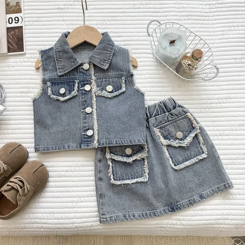 Ärmelloses Set aus gewaschenem Denim für Kleinkind - Blau - 10-11J - image 1