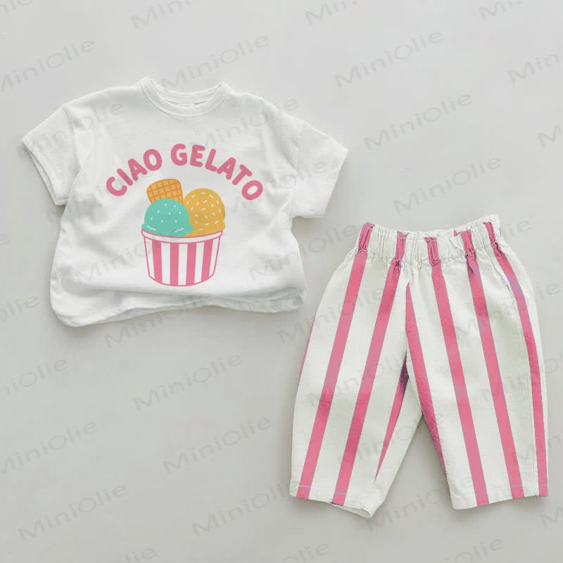 CIAO GELATO Baby , vertikal Streifen 2-teiliges Set - Weiß & Rosa - 2-3J - image 1