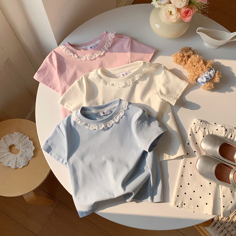 Sommer -T-Shirt für Kind und Mädchen, Einfarbig, mit Lace - Blau - 10-11J - image 1