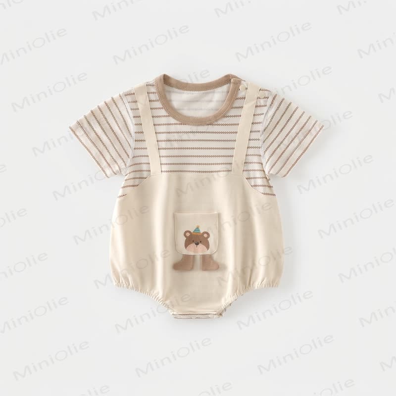 Baby Bodysuit aus Baumwolle mit Bär , Tasche und Streifen - Beige - 12-18M - image 2