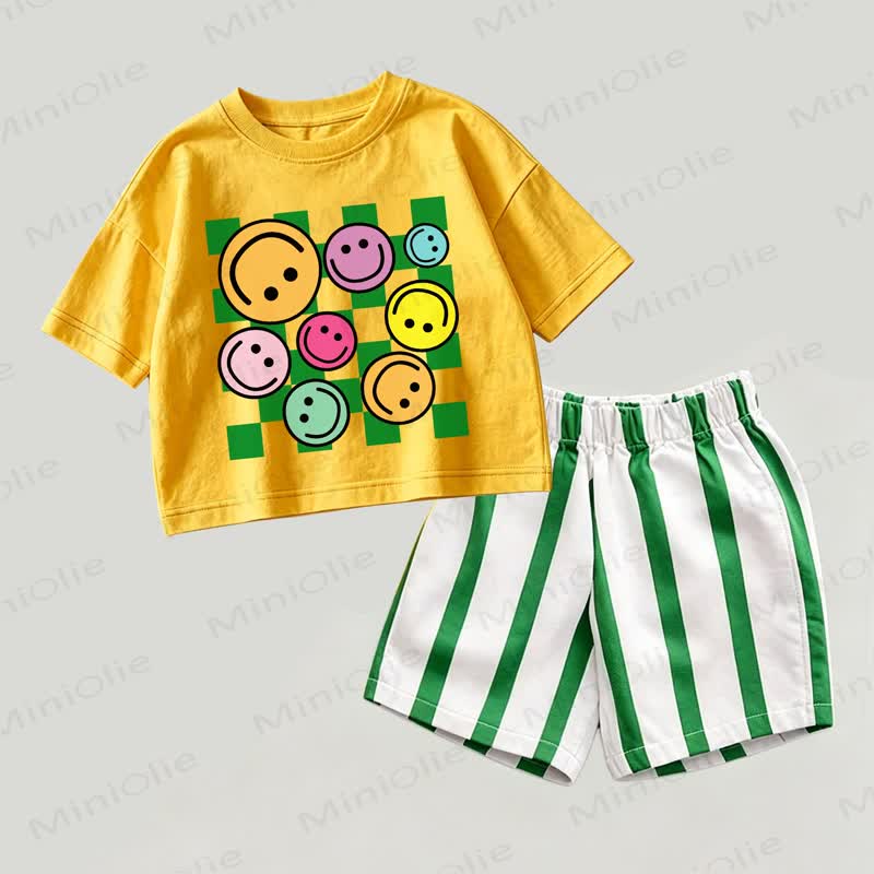 Gelb-grün Plaid Spitze und Streifen Shorts mit Smiley -Gesicht für Baby , 2-teiliges Set - Gelb & Grün - 2-3J - image 1