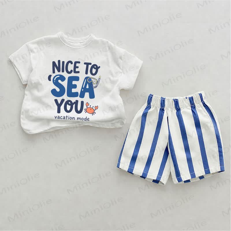 NICE TO SEA YOU VACATION MODE! Baby Krabbenmuster, Blau vertikal Streifen 2-teiliges Shorts Set - Weiß & Blau - 2-3J - image 1