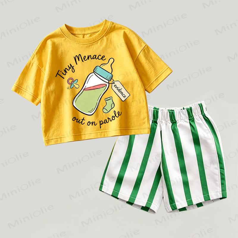 TINY MENACE OUT ON PAROLE Baby Gelb-Grünes Spitze und Streifen Shorts 2-teiliges Set - Gelb & Grün - 2-3J - image 1