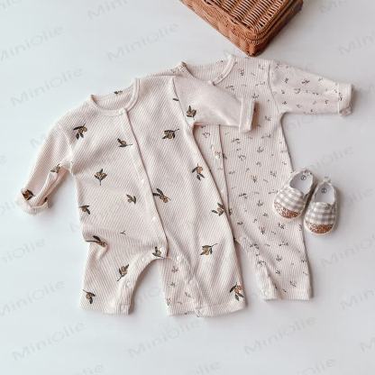 Baby Mädchen Baumwoll-Strampler in Creme mit Blumen und Strampler Stricken - image 1